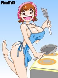 1girls apron ass barefoot big_breasts breasts brown_hair cooking_mama feet mama_(cooking_mama) mob_face naked_apron nintendo nipple_bulge pixaltrix