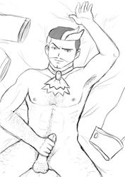 1boy armpit_hair chest_hair facial_hair hair human juan_(pokemon) lying male male_only masturbation monochrome moustache nipples nude on_back penis pokemon pubic_hair sketch solo tagme