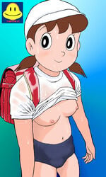 1girls backpack black_eyes bloomers breasts brown_hair buruma doraemon female human light-skinned_female light_skin looking_at_viewer nipples pigtails shirt shizuka_minamoto short_hair solo umanosuke_the_world