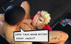 2boys 3d black_hair blonde_hair blue_eyes bukkake clothed_male_nude_male cmnm cum_on_face dead_or_alive erection facial gay holding_penis jacky_bryant killystein magazine_cover male_only multiple_boys penis rig_(doa) sitting source_filmmaker spread_legs tattoo tattoos text yaoi