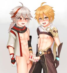 2boys abs absurdres aether_(genshin_impact) ahoge bandaged_hand bandages bangs bar_censor blonde_hair blush brown_gloves brown_shirt bulge bulge_press bulges_touching cape censored closed_mouth clothes_lift crop_top djinoi earrings fingerless_gloves genshin_impact gloves hair_between_eyes hakama heart heart_in_eye highres japanese_clothes jewelry kaedehara_kazuha male_focus male_masturbation masturbation medium_hair midriff multicolored_hair multiple_boys multiple_penises muscular muscular_male navel nipples open_clothes open_mouth open_shirt orange_cape orange_eyes penis penises_touching ponytail red_eyes red_hair scarf shirt shirt_lift short_hair short_ponytail streaked_hair symbol_in_eye testicles tongue tongue_out white_hakama yaoi yellow_eyes