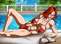 1futa abs ball_bulge balls balls_in_panties balls_under_clothes bikini book breasts bulge cameltail cleavage dickgirl erect_nipples flaccid futa_only futanari glasses intersex large_breasts long_hair mey-mey muscular_futanari navel_piercing nipple_bulge on_side orange_eyes orange_hair panties panty_bulge penis penis_bulge penis_in_panties penis_under_clothes piercing pool poolside pubic_hair renezuo solo solo_futa tattoo wide_hips