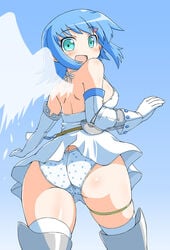 angel_wings aqua_eyes ass asymmetrical_wings bare_shoulders blue_hair blush boots dress elbow_gloves gloves looking_back naitou_kouse nanael panties polka_dot_panties queen's_blade short_hair skirt standing thighhighs underwear upskirt white_dress white_legwear white_thighhighs wind_lift wings