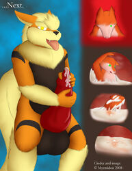 affront_to_nature anthro arcanine cock_vore color cum dialogue digestion fur furry generation_1_pokemon handjob inside_balls inside_penis interspecies male male_only masturbation multiple_males nintendo nude pokemon pokemon_(species) size_difference standing tagme vore