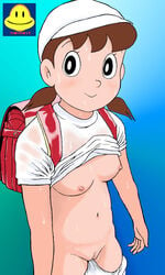 1girls backpack black_eyes breasts brown_hair censored doraemon female human light-skinned_female light_skin looking_at_viewer nipples pigtails pussy shirt shizuka_minamoto short_hair solo umanosuke_the_world