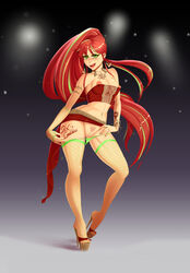 breasts feet female gradient_background green_eyes green_hair high_heels large_breasts long_hair multicolored_hair navel open_toe_shoes panties piercing ponytail pussy pyrrha_nikos red_hair rwby shonomi stockings tattoo tied_hair toes