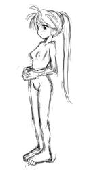 breasts copo_deluxe female human human_only long_hair monochrome nude pokemon pokemon_(manga) pokemon_adventures pokemon_rgby ponytail simple_background sketch solo standing tied_hair yellow_(pokemon)