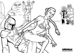 boba_fett c-3po gamorrean greyscale human hutt jabba's_palace jabba_the_hutt karmagik kowakian_monkey-lizard loincloth lyn_me mandalorian metal_bikini monochrome princess_leia_organa return_of_the_jedi salacious_crumb slave slave_leia star_wars tatooine twi'lek