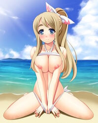 beach bikini bikini_lift bikini_pull blonde_hair blue_eyes blush bow breast_squeeze breasts female hairbow halterneck human human_only k-on! large_breasts long_hair narutaki_shin nipples ponytail solo swimsuit tied_hair tsumugi_kotobuki_(k-on!)