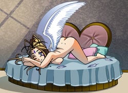 angel_wings antenna_hair ass belldandy blue_eyes blush breast_press breasts brown_hair female linno nipples nude oh_my_goddess! small_breasts spread_legs top-down_bottom-up wings wink