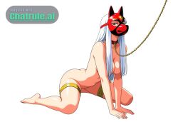 1girl adult ai_assisted ai_generated beautiful blond blue_eyes collar gold_chain hair_down hands_between_legs illustration jewelry knees_apart latex_mask leash_in_mouth long_hair looking_at_viewer looking_over_shoulder naked no_background nude on_knees purple_eyes red_collar retro_artstyle seductive_face sexually_suggestive sexy_pose short_girl showing_ass slender_body small_boobs thigh_cuffs view_from_behind white_background white_hair