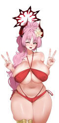 1girls absurdres bikini blue_archive braid braided_base breasts brown_eyes bush cameltoe cleavage collarbone covered_erect_nipples demon_horns double_v earrings fang female flower groin hair_flower hair_ornament halo highres hoop_earrings horns huge_breasts jewelry long_hair looking_at_viewer mole mole_on_breast navel official_alternate_costume one_eye_closed pink_hair ponytail ponytail_with_braided_base red_bikini red_halo satsuki_(blue_archive) satsuki_(swimsuit)_(blue_archive) shangdi_de_fa_zhang side-tie_bikini_bottom smile solo swimsuit thick_thighs thighs v very_long_hair