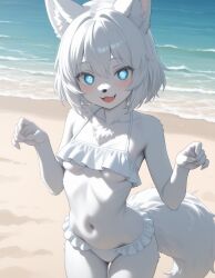 ai_generated bikini blue_eyes breasts female fluffy_tail frilled_bikini furry luna_winters underboob white_hair wolf wolf_girl wolf_tail