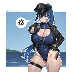 1girls angry big_breasts bitch blue_eyes blue_hair cleavage hololive hololive_english hololive_english_-council- hololive_english_-promise- huge_breasts jacket jacket_over_swimsuit looking_at_viewer one-piece_swimsuit ouro_kronii pointing_gun ponytail seventeencrows slutty_female swimsuit thick thick_thighs thigh_strap virtual_youtuber