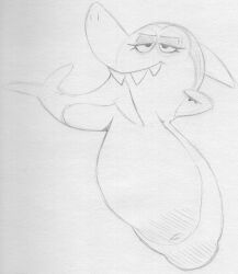 breasts eyelashes female fin fish hanna-barbera inverted_nipples jabberjaw jabberjaw_(character) jellystone_(hbo_max) marine monochrome nipples non-mammal_breasts pose sbshouseofpancakes semi-anthro shark smile solo traditional_media_(artwork)