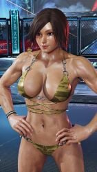1girl 3d asian asian_female ass asuka_kazama big_breasts bikini breasts brunette brunette_hair cleavage envy15re2lm female female_focus female_only japanese_female kazama_asuka navel oiled oiled_skin see-through short_hair sweat tagme tan_skin tanned_female tanned_skin tekken tekken_8 thick_thighs wide_hips