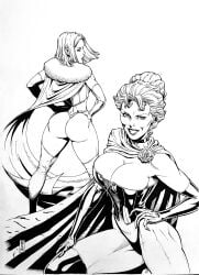 2girls ass black_queen breasts cape corset emma_frost huge_ass huge_breasts jean_grey marvel monochrome short_hair thick_thighs thighhighs thighs x-men