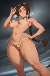 1girls ai_generated avatar_the_last_airbender beach big_ass big_breasts bikini breath_cloud brown_hair brunette female female_only gold_bikini golden_bikini hand_on_hip large_ass large_breasts nickelodeon paymetons_plug solo thick_thighs ty_lee waifuinvoker wide_hips