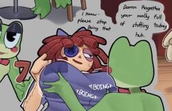 2girls big_boobs boob_squish casual_groping cropped_image groping_breasts kaiarts nervous_smile ragatha_(the_amazing_digital_circus) ribbit_(the_amazing_digital_circus) the_amazing_digital_circus uncomfortable_female yuri