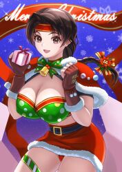 1girls big_breasts boob_window braid brown_eyes brown_hair christmas female hairband huge_breasts king_of_fighters light-skinned_female light_skin long_hair pale-skinned_female pale_skin ponytail tits yuri_sakazaki