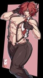 1girls antonubbies female king_of_fighters light_skin medium_breasts nipple_slip nipples red_eyes red_hair shirt short_hair thick_thighs toned undressing vanessa_(kof)