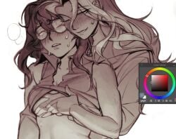 2girls blush blush_lines blushing breast_grab breasts danganronpa_another deadfinches fanganronpa female female_only ghostfinches grabbing_another's_breast lesbian lesbian_sex magorobi_emma mitsume_kokoro only_female sdra2 super_danganronpa_another_2 sweat sweatdrop sweating yuri