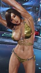 1girl 3d asian asian_female ass asuka_kazama big_breasts bikini breasts brunette brunette_hair cleavage envy15re2lm female female_focus female_only japanese_female kazama_asuka navel oiled oiled_skin see-through short_hair sweat tagme tan_skin tanned_female tanned_skin tekken tekken_8 thick_thighs wide_hips