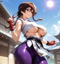 1girls ai_generated big_breasts big_tits king_of_fighters light-skinned_female light_skin pale_skin shirt the_king_of_fighters thick underboob underboobs white_shirt yuri_sakazaki