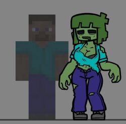 1girls black_bra green_skin minecraft open_clothes open_shirt pizzamozzar3lla torn_clothes zombie_girl