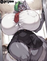 ai_generated anthro anthro_female ass big_ass big_breasts black_skirt breasts breasts_bigger_than_head bxtgrimm clothed clothing female female_only five_nights_at_freddy's five_nights_at_freddy's:_security_breach fluffy_tail fnaf fur furry gigantic_ass gigantic_breasts green_hair grey_fur grey_hair huge_ass huge_breasts looking_at_viewer low-angle_view low_angle makeup open_mouth pierced_ears piercing roxanne_wolf roxanne_wolf_(fnaf) scottgames shirt skirt smile solo solo_female teeth thin_waist tie tongue two-tone_hair white_shirt wide_hips wide_thighs wolf wolf_ears wolf_girl wolf_tail yellow_eyes
