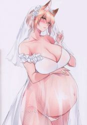 bare_shoulders big_breasts blonde_hair bridal_veil bride cleavage female female_only flower_crown fox_ears fox_girl lingerie looking_at_viewer original panties pregnant see-through_clothing shizu-chan slit_pupils solo veil wedding_dress wedding_lingerie white_panties yellow_eyes yukibuster