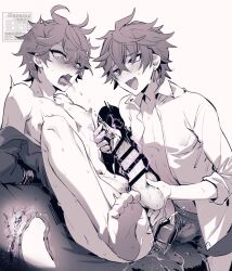 2boys anal anal_object_insertion azuma_(azuma10270724) bangs bar_censor blue_eyes blush bulge censored childe_(genshin_impact) crossed_bangs cum dildo dual_persona earrings electricity eletricuting_penis erection erection_under_clothes genshin_impact greyscale hair_between_eyes heart jewelry male_focus male_underwear monochrome multiple_boys multiple_views nipples nude object_insertion open_clothes open_mouth open_shirt penis purple_eyes saliva selfcest sex_toy shirt simple_background single_earring sparkle spot_color sweat tartaglia_(genshin_impact) tears tongue tongue_out twitter_username underwear x-ray yaoi