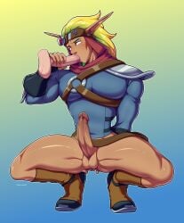 blonde_hair clothed clothed_top clothing erection fingering front_view jak_(jak_and_daxter) jak_and_daxter long_cock long_dick long_hair male_only muscles pauldrons pecs pectorals solo_male squatting sucking sucking_cock sucking_penis thighs