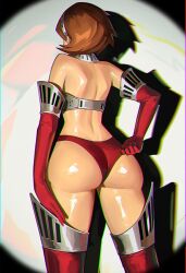 1girl adjusting_clothes adjusting_swimsuit ai_generated alternate_costume armor ass back bikini bikini_armor brown_hair chromatic_aberration elbow_gloves elfgens from_behind gloves hairband high-cut_armor_(persona) metal_hairband official_alternate_costume persona persona_3 persona_3_reload red_bikini red_gloves red_thighhighs revealing_clothes self_upload shiny shiny_skin short_hair simple_background solo swimsuit takeba_yukari thighhighs vignetting white_background