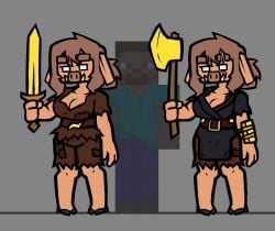 2girls axe big_breasts gold_jewelry minecraft pig_ears piglin piglin_brute pizzamozzar3lla reference_image sword