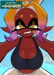 1girl 1girls 2026 aroused background bangs big_breasts big_tits boobs cleavage clouds color colored dark-skinned_female fangs female female_focus female_only flirting_with_viewer frye_(splatoon) frye_(splatoon_raiders) frye_onaga fuck_me_eyes half-closed_eyes horny horny_female inkling inkling_girl long_eyelashes looking_at_viewer looking_down_at_viewer multicolored_hair ponytail pov purple_hair scott_falco scottfalco_(artist) sky_background smile smiling smiling_at_viewer smug smug_face smug_grin solo solo_female solo_focus splatoon splatoon_(series) splatoon_3 splatoon_raiders sweat sweatdrop sweatpants sweaty tagme tank_top tits tits_focus upper_body upper_body_focus wet_body yellow_eyes yellow_hair