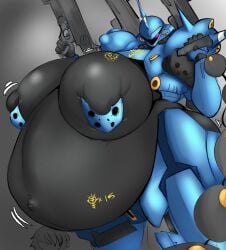 ass breasts caitdrawsstuff2 female gigantic_breasts gundam huge_ass hyper_pregnancy ms-18e_kampfer nipples_visible_through_clothing pink_eyes popped_navel pregnant robot rule_63 skindentation thick_thighs weapons wide_hips