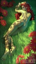 3d 4k barefoot completely_nude dc_comics fortnite full_body grass green_skin helix3d laying_down laying_on_stomach nude_female poison_ivy red_eyes