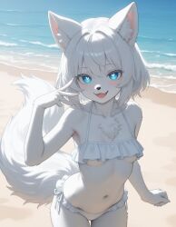 ai_generated bikini blue_eyes breasts female fluffy_tail frilled_bikini furry luna_winters underboob white_hair wolf wolf_girl wolf_tail