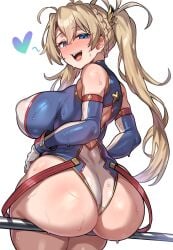 1girls ass ass_focus big_ass big_breasts big_butt blonde_hair bradamante_(fate) breasts bubble_butt fate/grand_order fate_(series) female female_focus female_only from_behind horny_female leotard looking_back nipple_bulge open_mouth radishkek sitting sweat sweatdrop thick_thighs tight_clothing tight_suit twintails