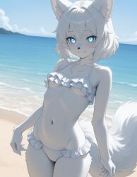 ai_generated bikini blue_eyes breasts female fluffy_tail frilled_bikini furry luna_winters underboob white_hair wolf wolf_girl wolf_tail