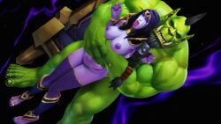 1boy 1girls 3d ahe_gao ambiguous_penetration belly_bulge big_breasts blizzard_entertainment female glaif green_skin jewelry male orc orc_(warcraft) purple_hair purple_skin sex standing stockings tattoo thighhighs warcraft world_of_warcraft xal'atath