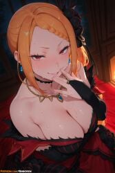 1girl ai_assisted ai_generated anime anime_girl anime_style arm_under_breasts artist_name bangs bare_shoulders blonde_hair blush braid braided_bangs breasts bridal_gauntlets choker cleavage collarbone dress earrings flower gloves hair_flower hair_ornament hi_res highres indoors jewelry large_breasts long_hair looking_at_viewer necklace parted_lips patreon patreon_username priscilla_barielle re:zero_kara_hajimeru_isekai_seikatsu red_dress red_eyes rinkoai seductive_smile side_ponytail smile solo sweat uncensored watermark window