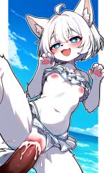 ahegao ai_generated bikini blue_eyes breasts female fluffy_tail frilled_bikini furry luna_winters sex underboob white_hair wolf wolf_girl wolf_tail