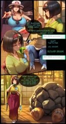 2026 2d 2girls absurd_res absurd_resolution absurdres ai_generated alternate_breast_size ass black_hair breasts brown_hair cleavage closed_eyes comic cup english_text erika_(pokemon) hairband hat hi_res high_quality high_resolution highres holding holding_poke_ball huge_breasts hydraulicmatingpress image japanese_clothes kimono leaf_(pokemon) long_hair multiple_girls open_mouth panties patreon patreon_username poke_ball poke_ball_(basic) pokemon pokemon_adventures pokemon_frlg pokemon_lgpe red_hairband red_skirt short_hair skirt sleeveless smile speech_bubble uncensured underwear watermark yellow_kimono