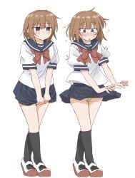 1girl black_socks blue_eyes blue_sailor_collar blue_skirt blush bow brown_hair clothes_lift collared_shirt commentary_request covering_crotch covering_privates crossed_legs embarrassed full_body have_to_pee highres kneehighs medium_hair miniskirt multiple_views no_pupils nose_blush original panties pantyshot pee pee_stain peeing peeing_self pleated_skirt ponnu_(tnpn2yw) red_bow sailor_collar school_uniform serafuku shirt shoes short_sleeves simple_background skirt skirt_lift socks stained_panties standing surprised sweat underwear uwabaki white_background white_panties white_shirt wide-eyed