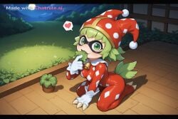 1girls ai_assisted ai_generated bedroom bird black_lipstick chibi chocobo creature detailed_background domino_mask eating female female_only final_fantasy gasping green_eyes hand_to_mouth happy jester_cap kneeling_on_floor looking_at_viewer medium_breasts mountain night sideview source_anime spoken_heart surprised tall_grass viewed_from_above white_facepaint white_gloves wooden_floor