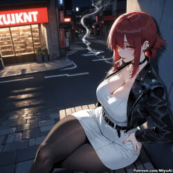 1girl ai_assisted ai_generated bangs belt black_choker black_jacket black_legwear blush breasts building choker cigarette city city_lights cleavage collarbone curvaceous curvy curvy_female curvy_figure earrings female folded_ponytail hair_bun jacket jewelry large_breasts looking_at_viewer miniskirt miyuai night outdoors pantyhose red_eyes red_hair sidelocks sitting skirt smoke smoking solo super_no_ura_de_yani_suu_futari tayama_(super_no_ura_de_yani_suu_futari) thick thick_ass thick_butt thick_hips thick_legs thick_thighs thighs voluptuous voluptuous_female wide_hips wide_thighs