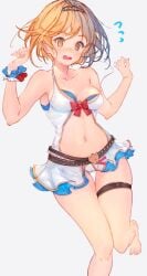 1girls bikini blonde blonde-haired_female blonde_female blonde_hair blue_swimsuit blush blushing bob_cut breasts breasts_out brown_eyes djeeta_(granblue_fantasy) dress_swimsuit exposed_breasts female granblue_fantasy medium_breasts official_alternate_costume short_hair skirt swimsuit swimsuit_skirt wardrobe_malfunction white_bikini