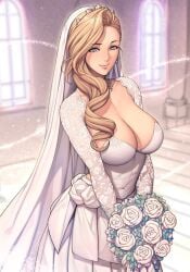 azur_lane big_breasts blonde blonde_hair blue_eyes boobs bouquet breasts bridal_dress bridal_gauntlets bridal_veil bride bustier cleavage collarbone deep_cleavage dress fit_female flowers holding_bouquet hood_(azur_lane) hourglass_figure lace light-skinned_female long_hair looking_at_viewer oda_non pearl_necklace tiara wavy_hair wedding_dress wedding_veil white_bustier white_dress wholesome